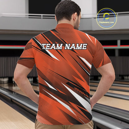 Person wearing an orange and black bowling shirt with 'TEAM NAME' text in a bowling alley.