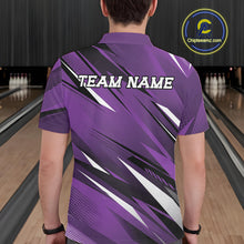 Load image into Gallery viewer, Person wearing a purple bowling shirt with 'TEAM NAME' on the back in a bowling alley.