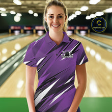 Load image into Gallery viewer, Woman wearing a purple bowling shirt with a logo and text on a bowling alley background