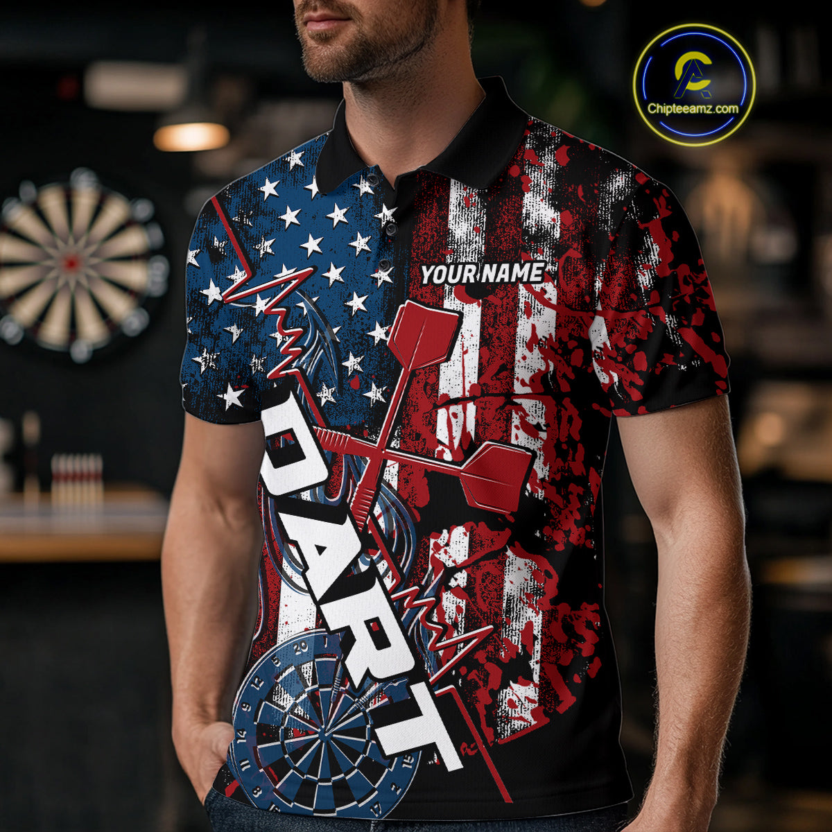 Custom Vintage Patriotic Dart Team Men Polo Shirts, US Flag Dart Jerseys IPHW9648