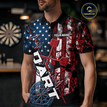 Custom Vintage Patriotic Dart Team Men Polo Shirts, US Flag Dart Jerseys IPHW9648
