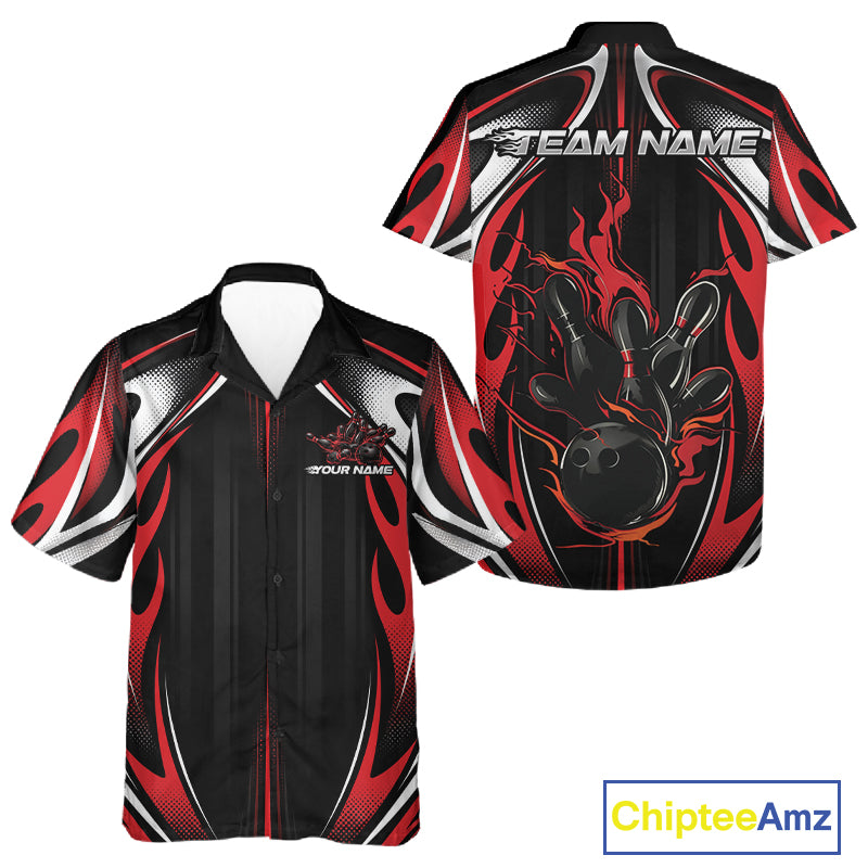 Custom Black And Red Flame Bowling Team Jersey, Bowling League Men And Women Button Up Shirt IPHW12134