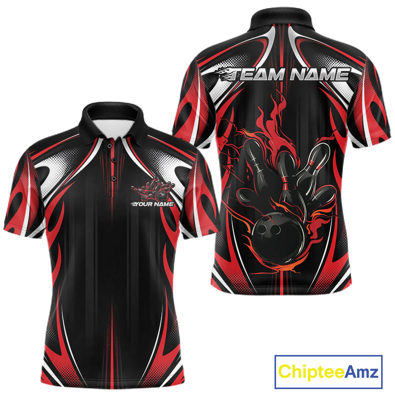 Custom Black And Red Flame Bowling Team Jersey, Bowling League Men Polo Shirt IPHW12134