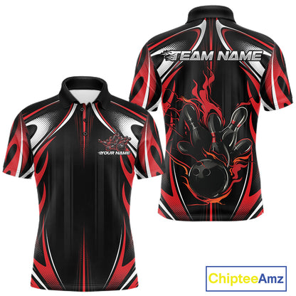 Custom Black And Red Flame Bowling Team Jersey, Bowling League Men Polo Shirt IPHW12134