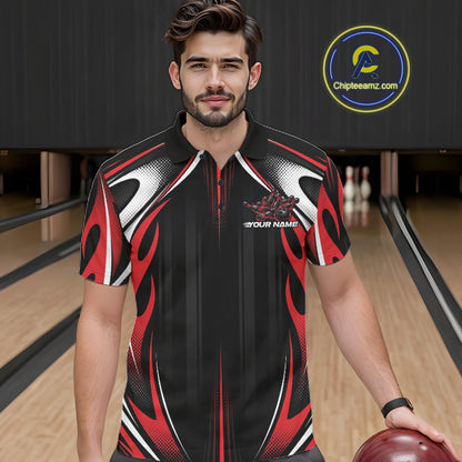 Custom Black And Red Flame Bowling Team Jersey, Bowling League Men Polo Shirt IPHW12134