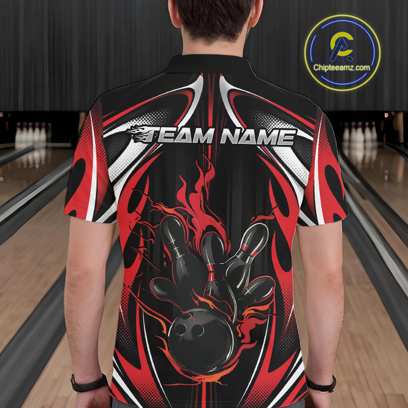 Custom Black And Red Flame Bowling Team Jersey, Bowling League Men Polo Shirt IPHW12134