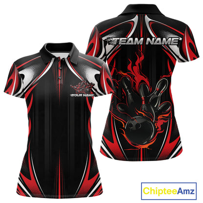 Custom Black And Red Flame Bowling Team Jersey, Bowling League Women Polo Shirt IPHW12134