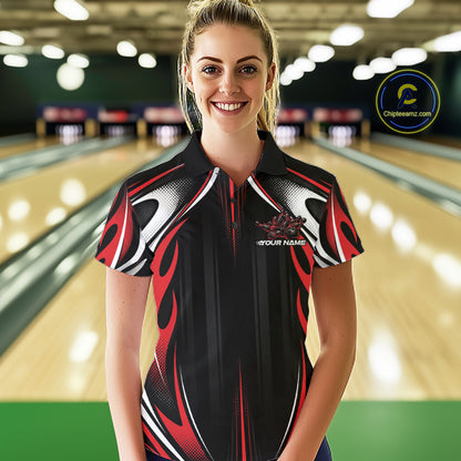 Custom Black And Red Flame Bowling Team Jersey, Bowling League Women Polo Shirt IPHW12134