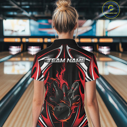 Custom Black And Red Flame Bowling Team Jersey, Bowling League Women Polo Shirt IPHW12134