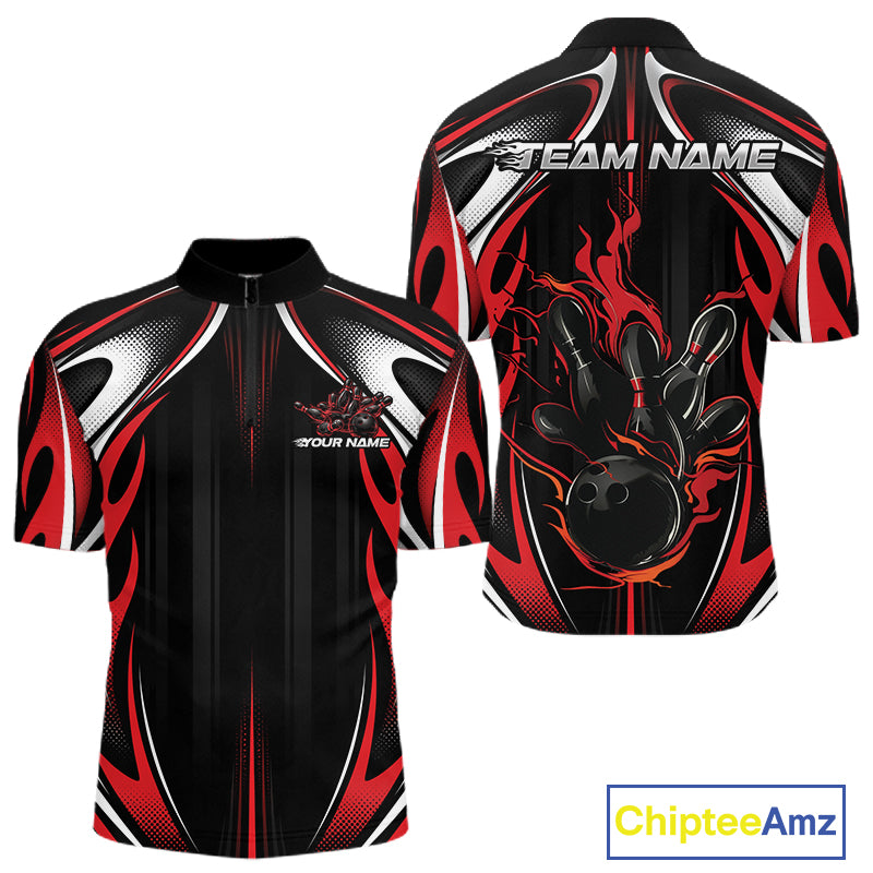 Custom Black And Red Flame Bowling Team Jersey, Bowling League Men Quarter Zip Shirt IPHW12134