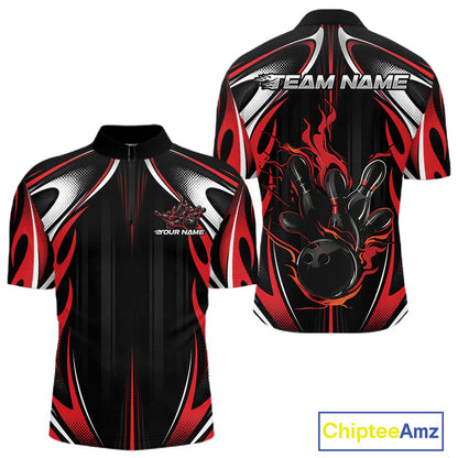 Custom Black And Red Flame Bowling Team Jersey, Bowling League Men Quarter Zip Shirt IPHW12134