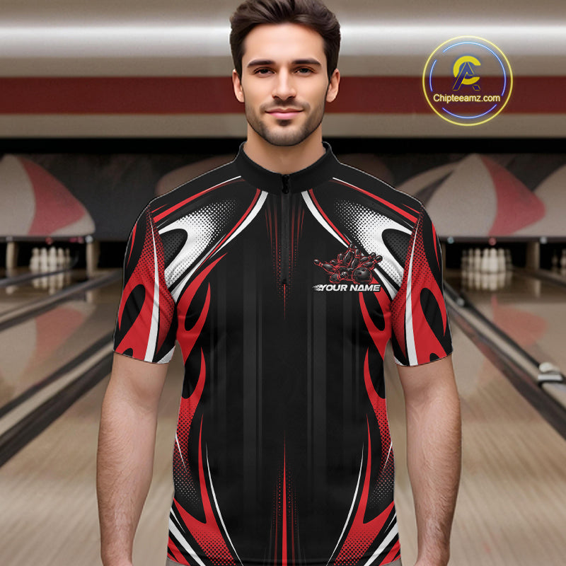 Custom Black And Red Flame Bowling Team Jersey, Bowling League Men Quarter Zip Shirt IPHW12134