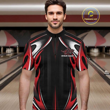Custom Black And Red Flame Bowling Team Jersey, Bowling League Men Quarter Zip Shirt IPHW12134