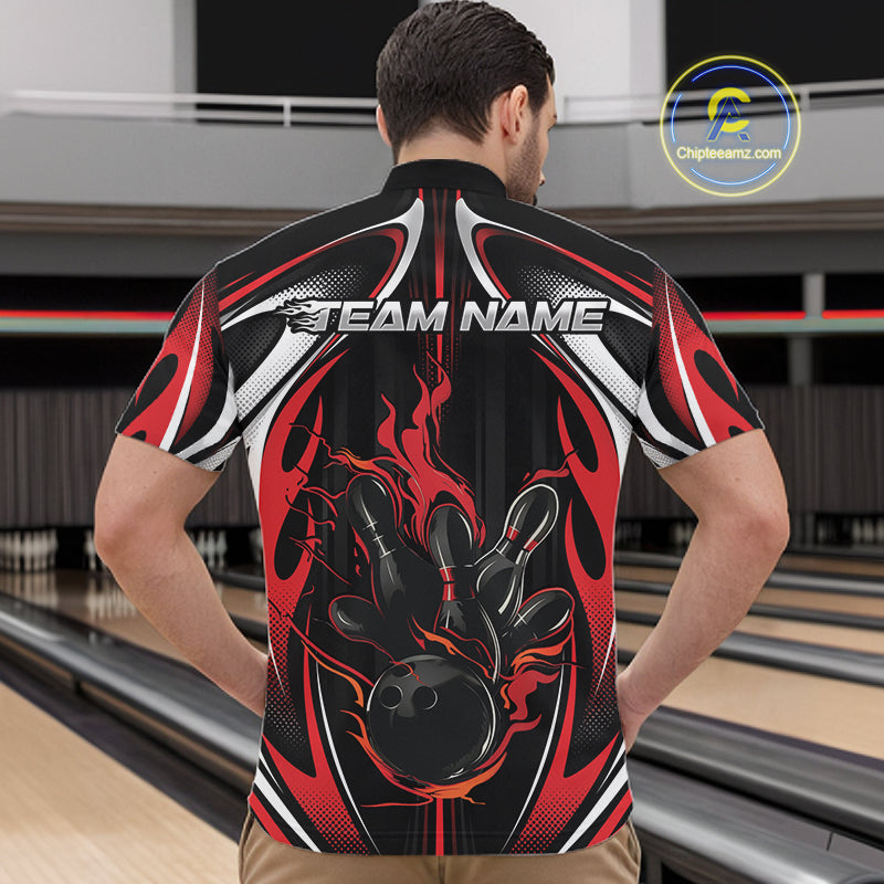 Custom Black And Red Flame Bowling Team Jersey, Bowling League Men Quarter Zip Shirt IPHW12134