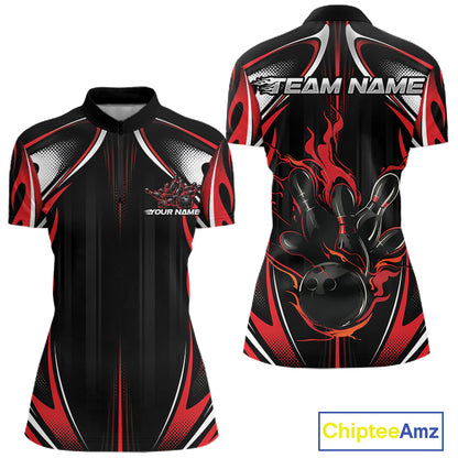 Custom Black And Red Flame Bowling Team Jersey, Bowling League Women Quarter-Zip Shirt IPHW12134