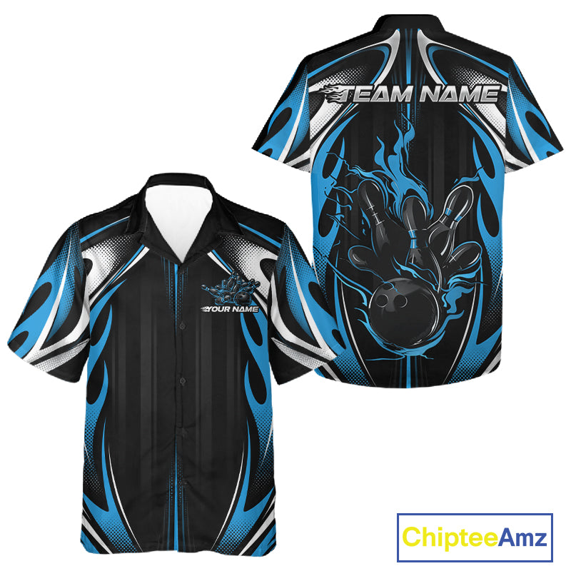 Custom Black And Teal Blue Flame Bowling Team Jersey, Bowling League Men And Women Button Up Shirt IPHW12135
