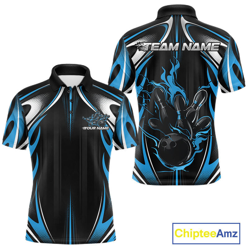 Custom Black And Teal Blue Flame Bowling Team Jersey, Bowling League Men Polo Shirt IPHW12135