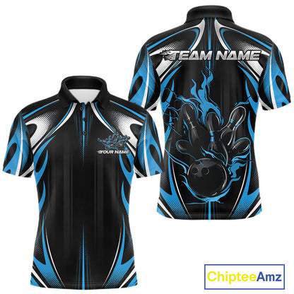 Custom Black And Teal Blue Flame Bowling Team Jersey, Bowling League Men Polo Shirt IPHW12135