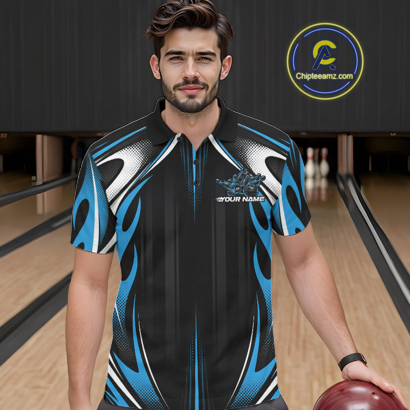 Custom Black And Teal Blue Flame Bowling Team Jersey, Bowling League Men Polo Shirt IPHW12135