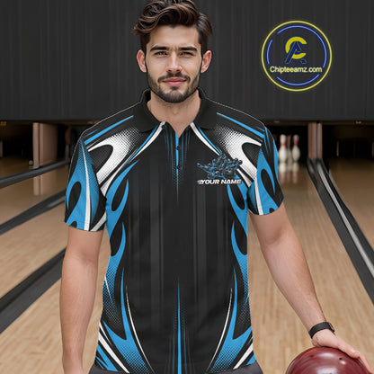 Custom Black And Teal Blue Flame Bowling Team Jersey, Bowling League Men Polo Shirt IPHW12135