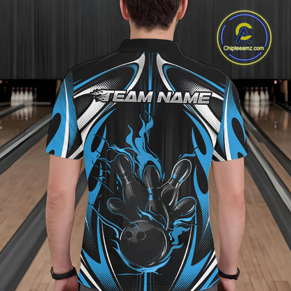 Custom Black And Teal Blue Flame Bowling Team Jersey, Bowling League Men Polo Shirt IPHW12135