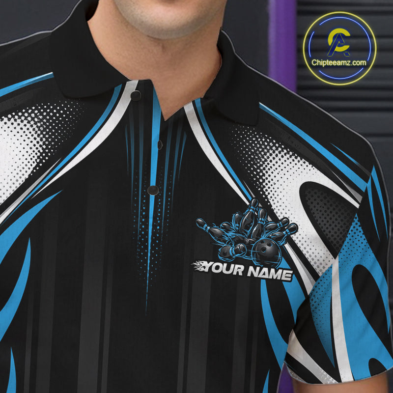 Custom Black And Teal Blue Flame Bowling Team Jersey, Bowling League Men Polo Shirt IPHW12135