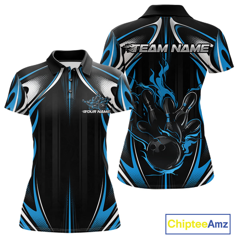 Custom Black And Teal Blue Flame Bowling Team Jersey, Bowling League Women Polo Shirt IPHW12135