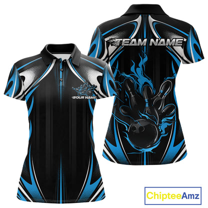 Custom Black And Teal Blue Flame Bowling Team Jersey, Bowling League Women Polo Shirt IPHW12135