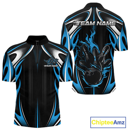 Custom Black And Teal Blue Flame Bowling Team Jersey, Bowling League Men Quarter Zip Shirt IPHW12135