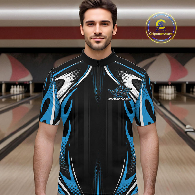 Custom Black And Teal Blue Flame Bowling Team Jersey, Bowling League Men Quarter Zip Shirt IPHW12135