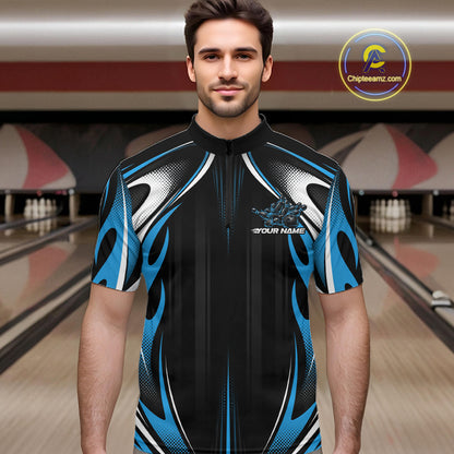 Custom Black And Teal Blue Flame Bowling Team Jersey, Bowling League Men Quarter Zip Shirt IPHW12135