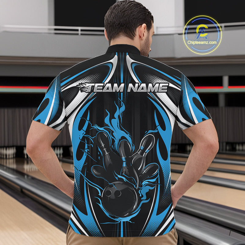 Custom Black And Teal Blue Flame Bowling Team Jersey, Bowling League Men Quarter Zip Shirt IPHW12135
