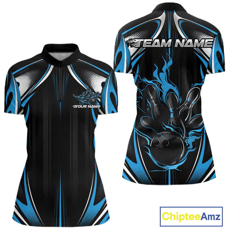 Custom Teal Blue Flame Bowling Team Jersey, Bowling League Women Quarter-Zip Shirt IPHW12135
