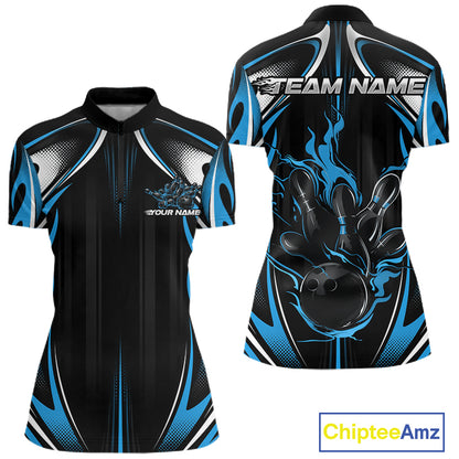 Custom Teal Blue Flame Bowling Team Jersey, Bowling League Women Quarter-Zip Shirt IPHW12135