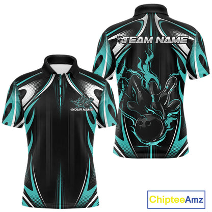 Custom Turquoise Blue Flame Bowling Team Jersey, Bowling League Men Polo Shirt IPHW12136