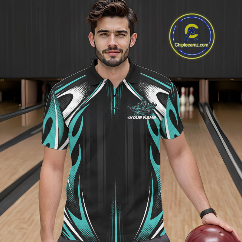 Custom Turquoise Blue Flame Bowling Team Jersey, Bowling League Men Polo Shirt IPHW12136