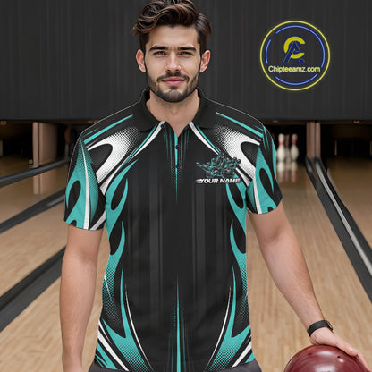 Custom Turquoise Blue Flame Bowling Team Jersey, Bowling League Men Polo Shirt IPHW12136