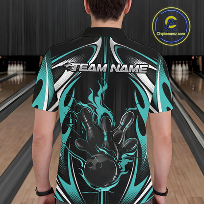 Custom Turquoise Blue Flame Bowling Team Jersey, Bowling League Men Polo Shirt IPHW12136