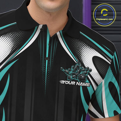 Custom Turquoise Blue Flame Bowling Team Jersey, Bowling League Men Polo Shirt IPHW12136