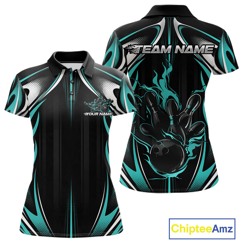 Custom Turquoise Blue Flame Bowling Team Jersey, Bowling League Women Polo Shirt IPHW12136
