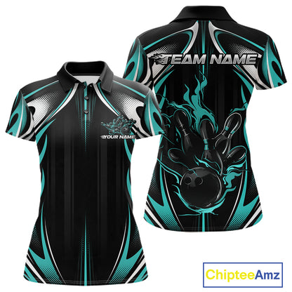 Custom Turquoise Blue Flame Bowling Team Jersey, Bowling League Women Polo Shirt IPHW12136