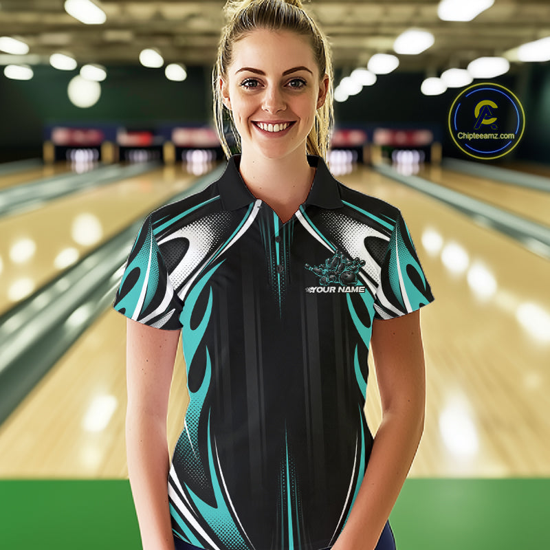 Custom Turquoise Blue Flame Bowling Team Jersey, Bowling League Women Polo Shirt IPHW12136