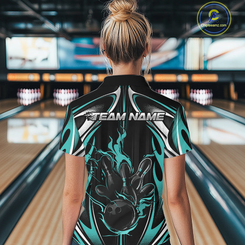 Custom Turquoise Blue Flame Bowling Team Jersey, Bowling League Women Polo Shirt IPHW12136