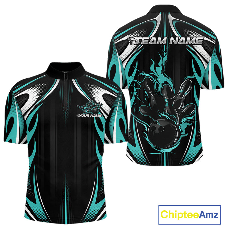 Custom Turquoise Blue Flame Bowling Team Jersey, Bowling League Men Quarter Zip Shirt IPHW12136