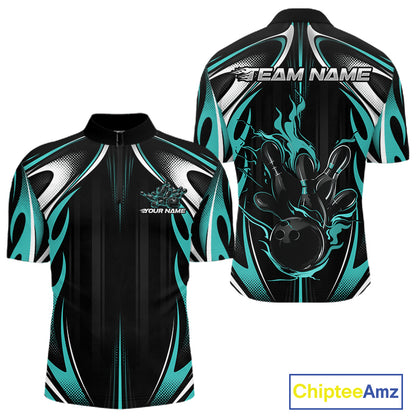 Custom Turquoise Blue Flame Bowling Team Jersey, Bowling League Men Quarter Zip Shirt IPHW12136