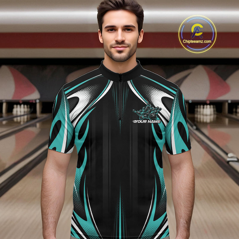 Custom Turquoise Blue Flame Bowling Team Jersey, Bowling League Men Quarter Zip Shirt IPHW12136