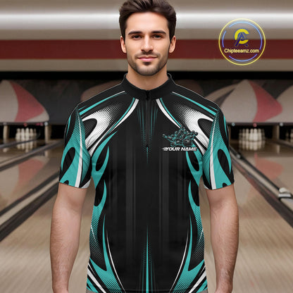 Custom Turquoise Blue Flame Bowling Team Jersey, Bowling League Men Quarter Zip Shirt IPHW12136