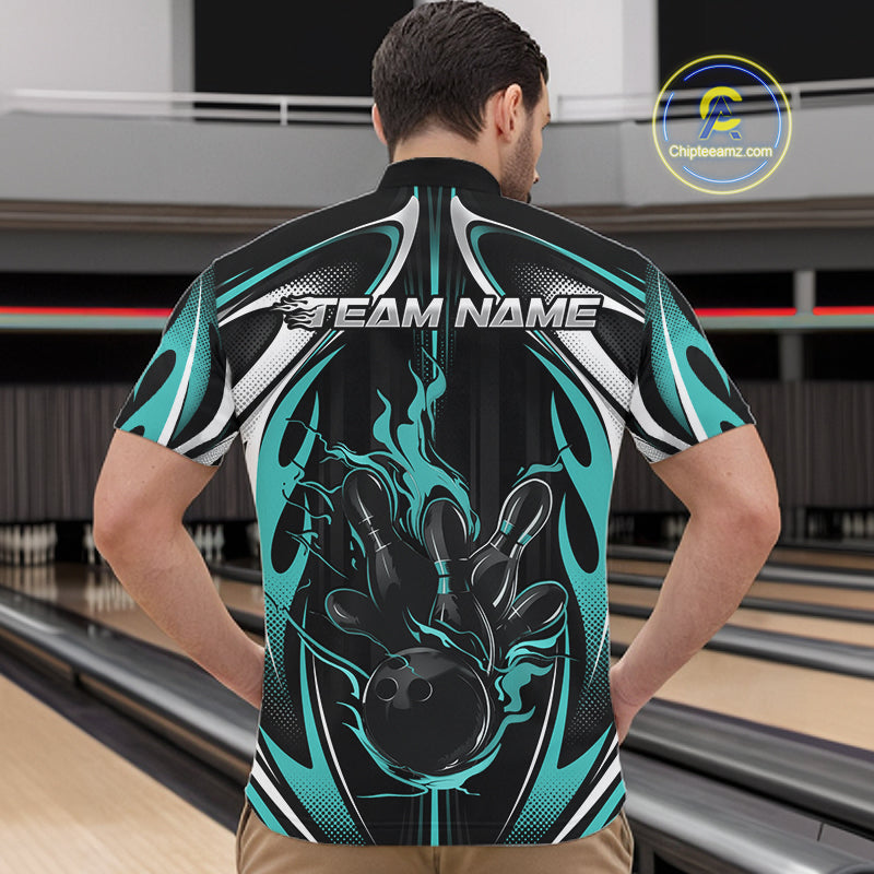 Custom Turquoise Blue Flame Bowling Team Jersey, Bowling League Men Quarter Zip Shirt IPHW12136