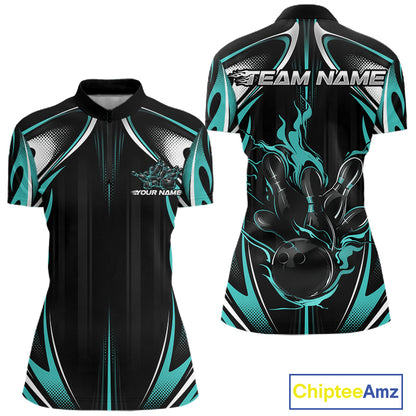 Custom Turquoise Blue Flame Bowling Team Jersey, Bowling League Women Quarter-Zip Shirt IPHW12136