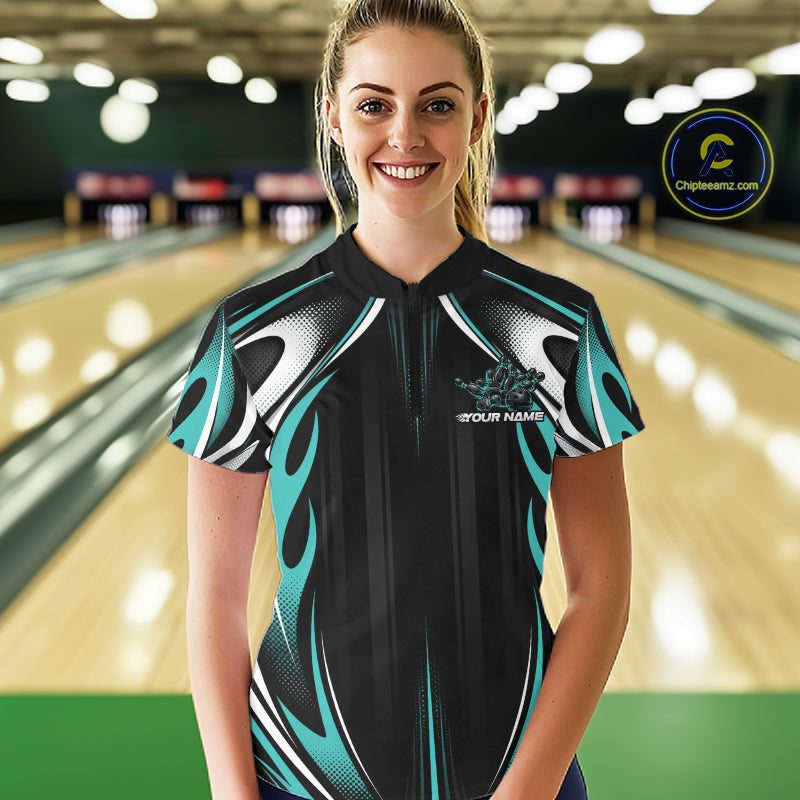 Custom Turquoise Blue Flame Bowling Team Jersey, Bowling League Women Quarter-Zip Shirt IPHW12136